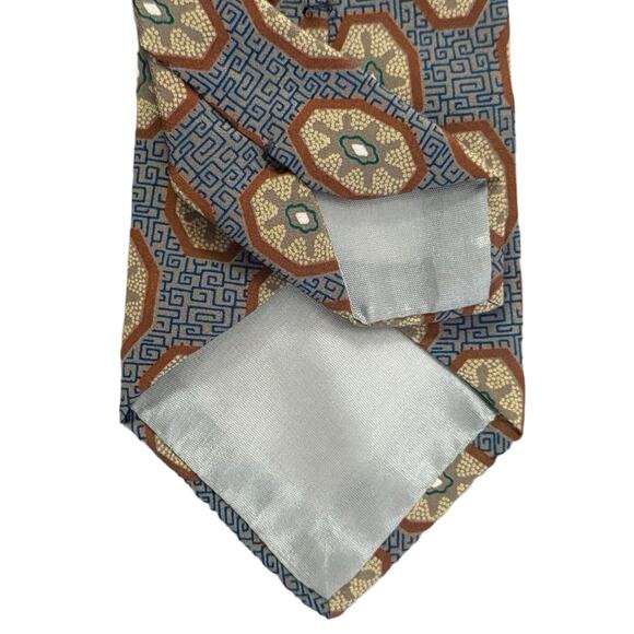 Vintage 90s Giorgio Armani Tan Blue Lines Yellow Red Oval Silk Blend Necktie Tie - Picture 4 of 7